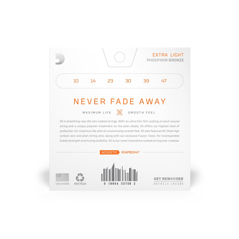 D'Addario XSAPB1047 Phosphor Bronze Coated Acoustic Guitar Strings - .010-.047 Extra Light