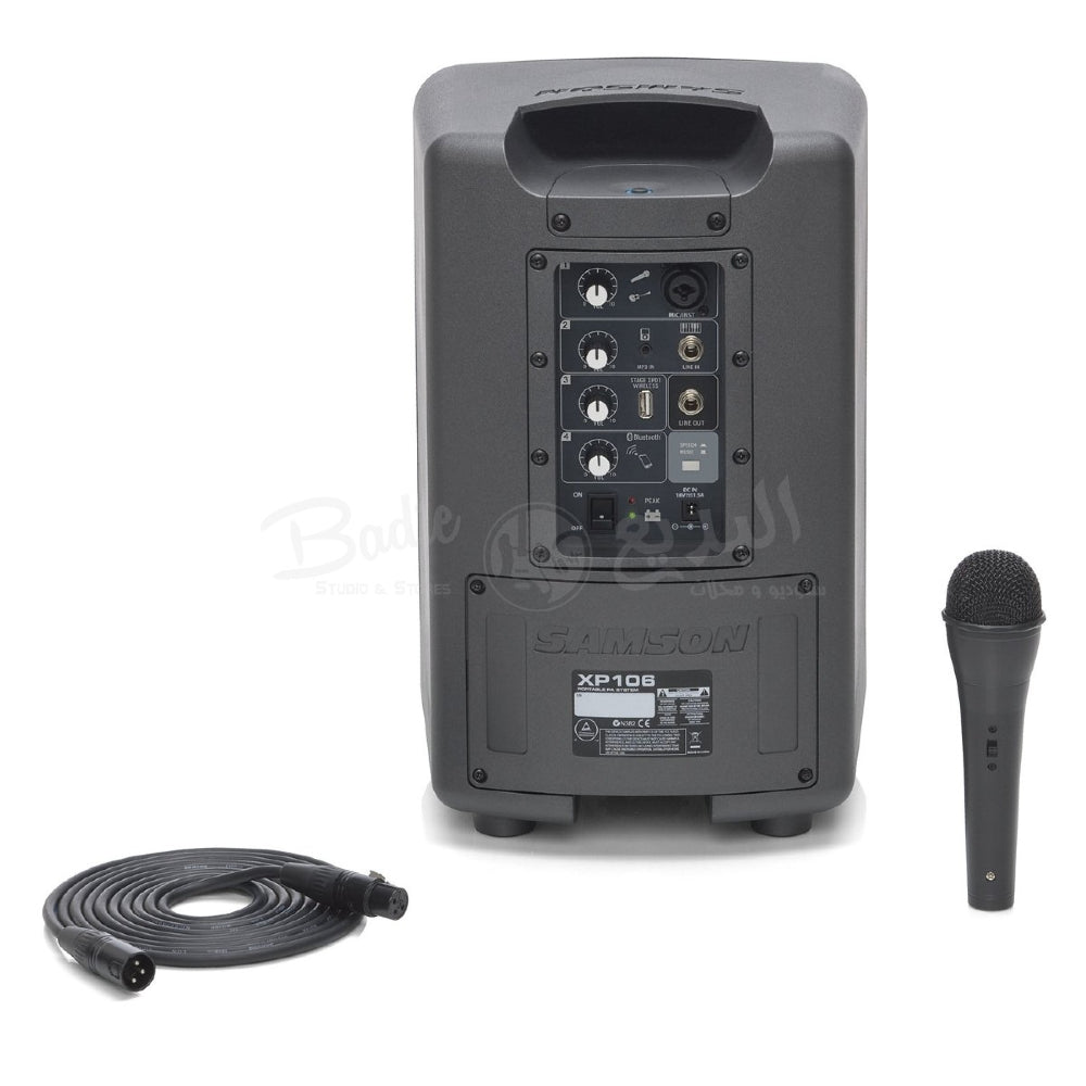Samson Expedition XP106 100-watt All-in-one Portable PA System with 6" Woofer, 1" Tweeter, 4-channel Mixer, Bluetooth Connectivity, and Wired Microphone