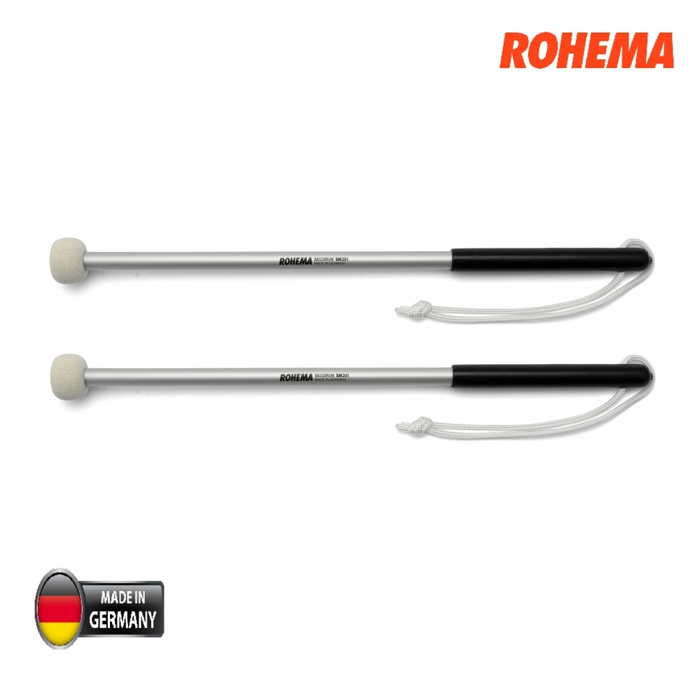 Rohema BM201 Bassdrum Mallet Pair - 30 mm Felt head, very hard, aluminum shaft, plastic handle, 12 x 390 mm Rohema BM201 Bassdrum Mallet Pair - 30 mm Felt head, very hard, aluminum shaft, plastic handle, 12 x 390 mm