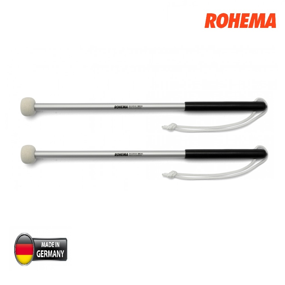 Rohema BM201 Bassdrum Mallet Pair - 30 mm Felt head, very hard, aluminum shaft, plastic handle, 12 x 390 mm