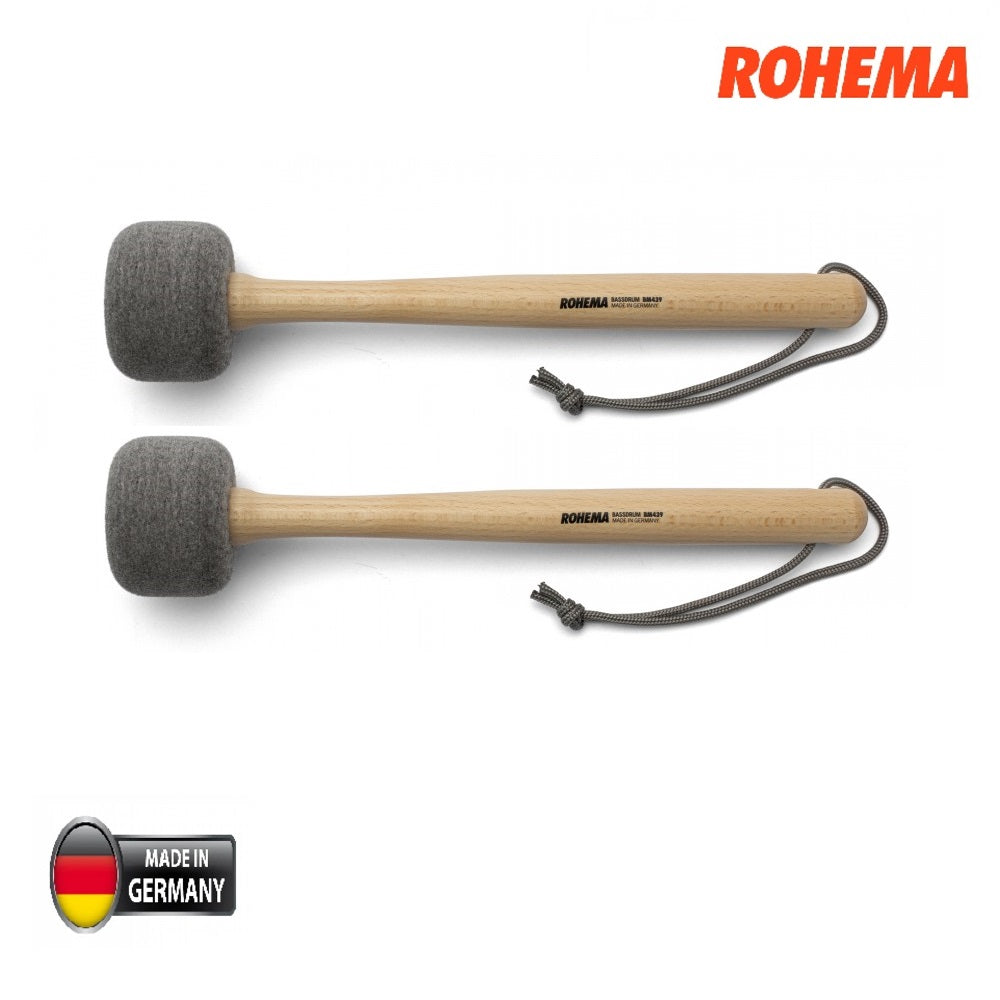 Rohema BM 439 Bassdrum Mallet Pair - 70 mm Felt head, medium hard, beech wood shaft, laqcuered, 25 x 340 mm Rohema BM 439 Bassdrum Mallet Pair - 70 mm Felt head, medium hard, beech wood shaft, laqcuered, 25 x 340 mm