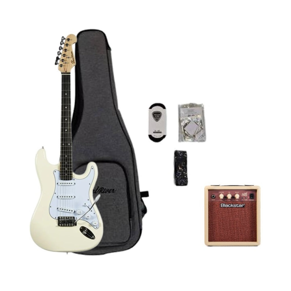 Pearl River GST10-IV Electric Guitar Package - Ivory Gloss - Included: Gig Bag - Strap - Cable - Set Of Strings / Blackstar Debut 10E 2 x 3-inch 10-watt, 2x3" Guitar Combo Amplifier - Beige Color
