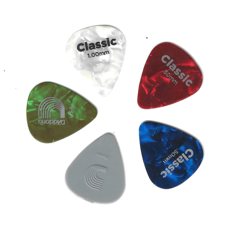 D'Addario Planet Waves Classic Celluloid Shell Guitar Assorted Picks 5 Piece - 2x .50mm - 1x 0.70mm - 1x 0.75mm- 1x 1.00mm