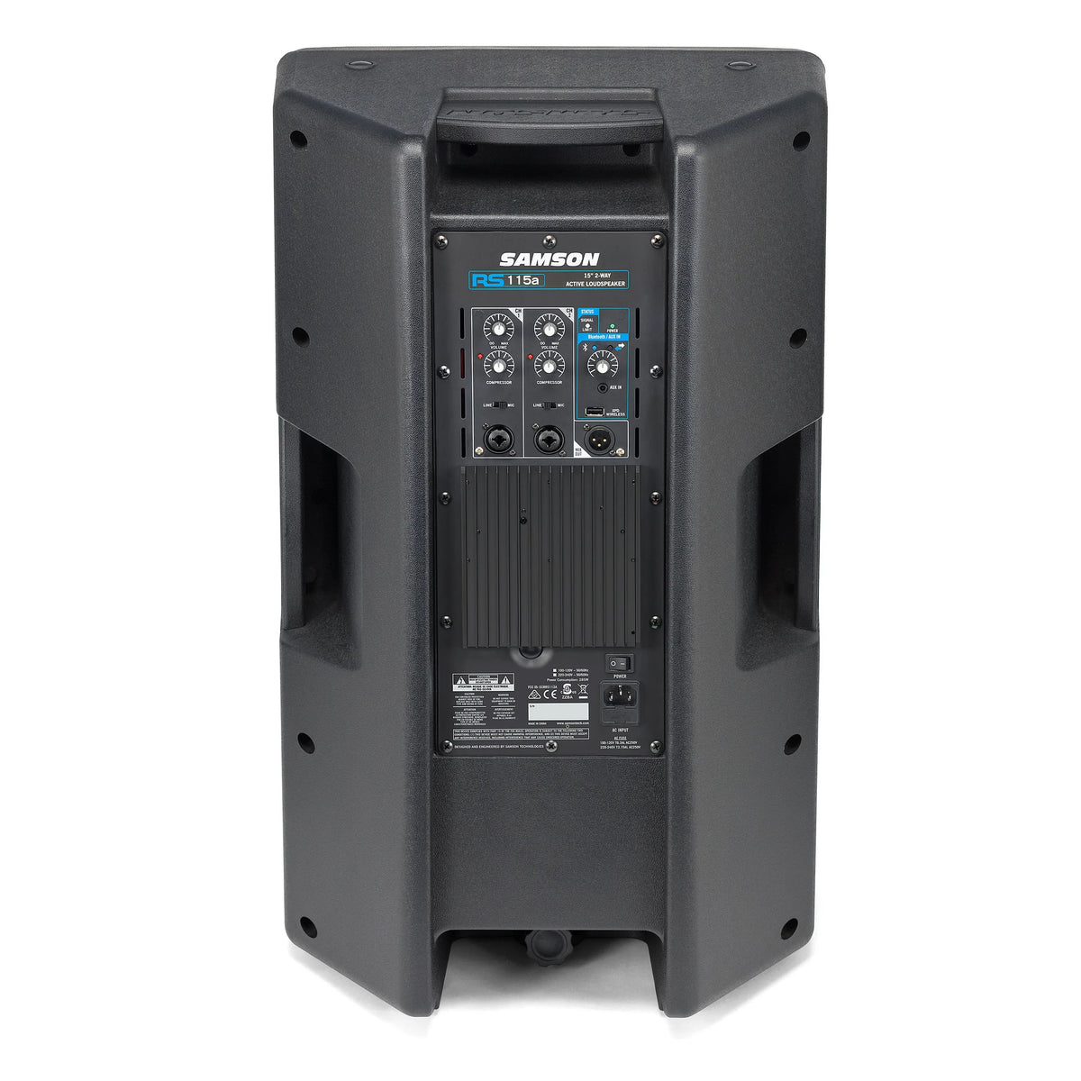 Samson RS115A 400W Peak/200W RMS Powered PA Speaker with 15" Woofer, 1" Tweeter, 2 Mic/Line Inputs, Aux Input, Bluetooth, XPD Wireless Compatibility, and XLR Output (each)