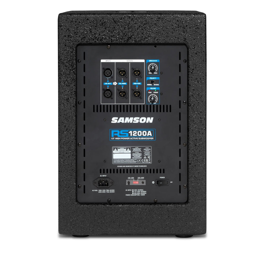 Samson RS1200A 1000W Active Subwoofer with 12" Woofer, 3" Voice Coil, 117dB Max SPL, High-pass Outputs, and Variable Low-pass Filter Control