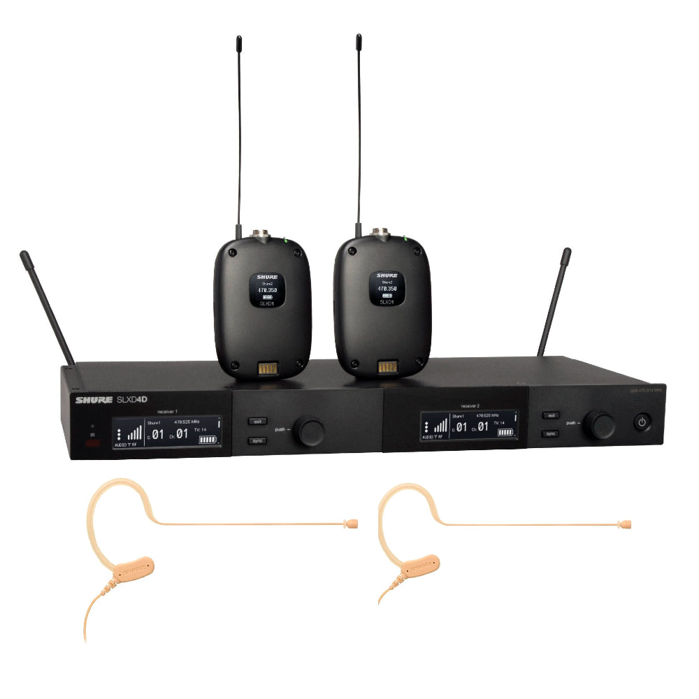 Shure SLXD14D/MX153 Dual-Channel Digital Wireless Bodypack System with 2x Shure MX153 Earset Headworn Microphone (Tan) - G59 (470–514 MHz)