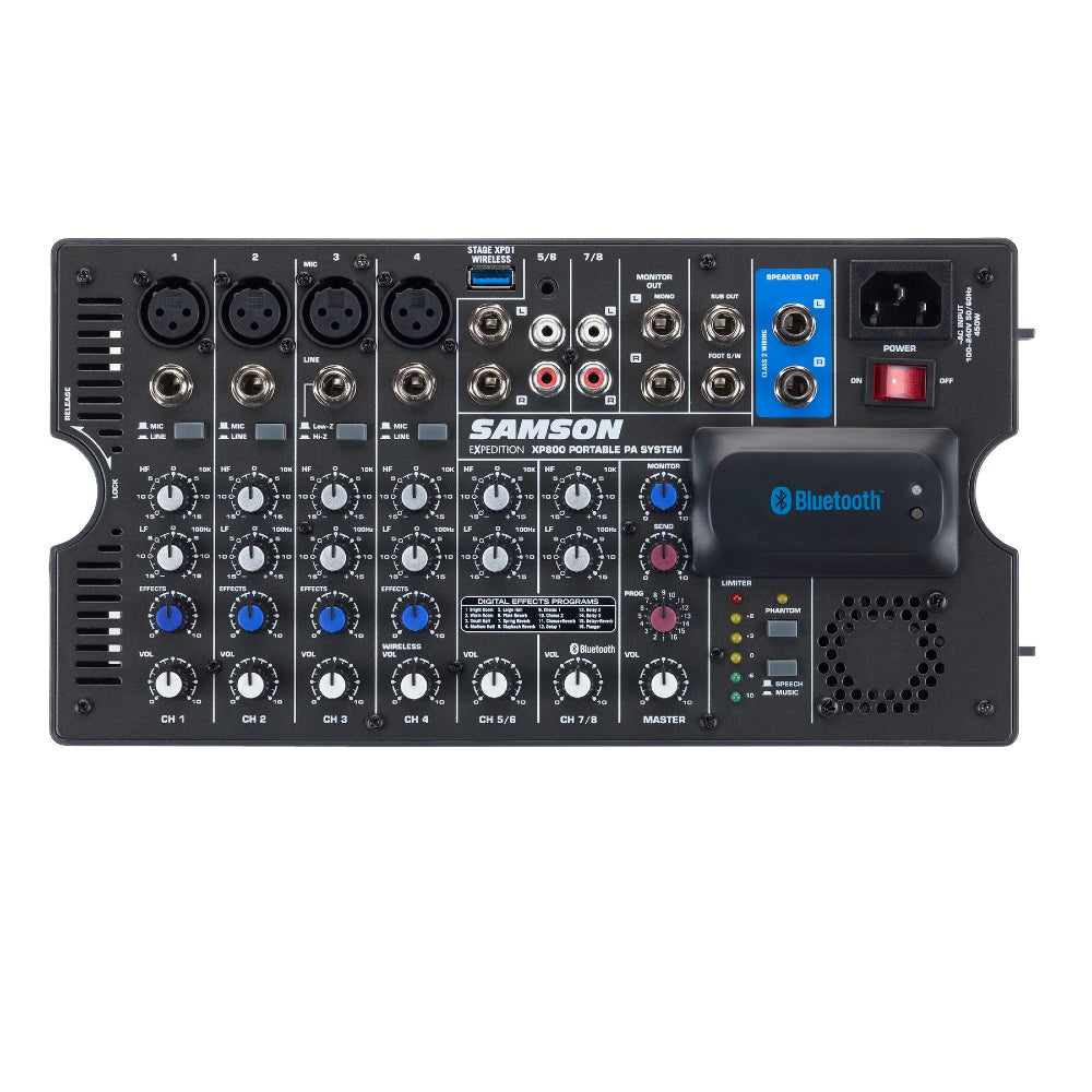 Samson Expedition XP800 800W Compact All-in-one PA with 8-channel Mixer, Dual 2-way Speakers, Built-in Digital Effects, and Bluetooth Connectivity Samson Expedition XP800 800W Compact All-in-one PA with 8-channel Mixer, Dual 2-way Speakers, Built-in Digital Effects, and Bluetooth Connectivity