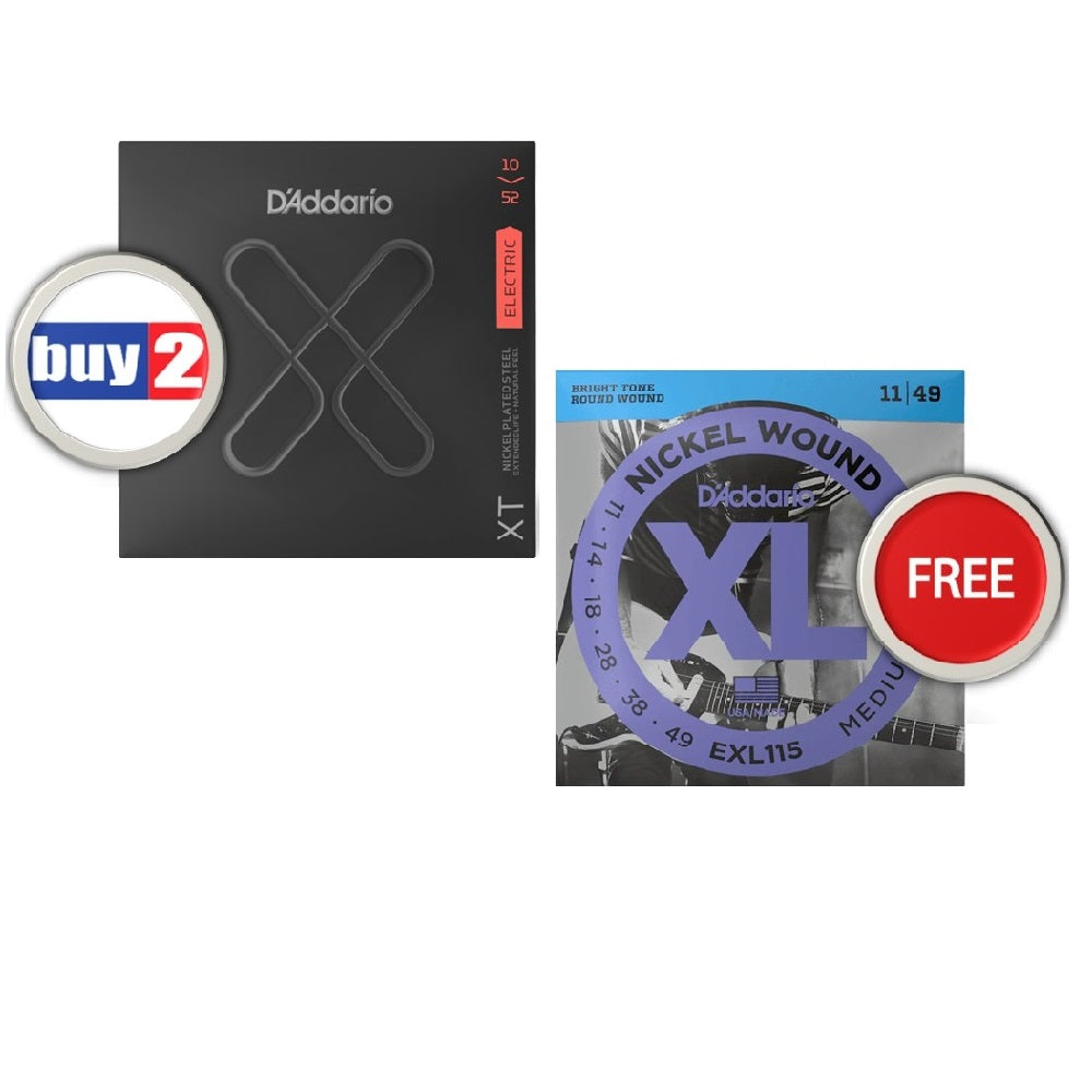 D'Addario BUY2 XTE1052 XT Nickel Wound Electric Guitar Strings - .010-.052 Light Top/Heavy Bottom / Get 1 FREE EXL115 XL Nickel Wound Electric Guitar Strings - .011-.049 Medium