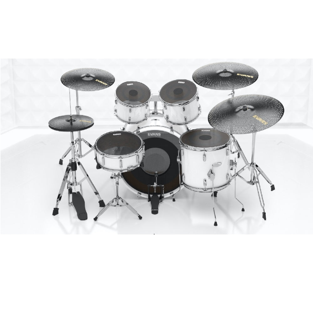 Evans dB One Low Volume Cymbal and Drumhead Set 9-piece Mesh Drumhead and Perforated Stainless Alloy Cymbal Set with 10", 12", 16", 22" Heads, 14-inch Snare Head, Hi-hats, 2x Crashes, and Ride Cymbal