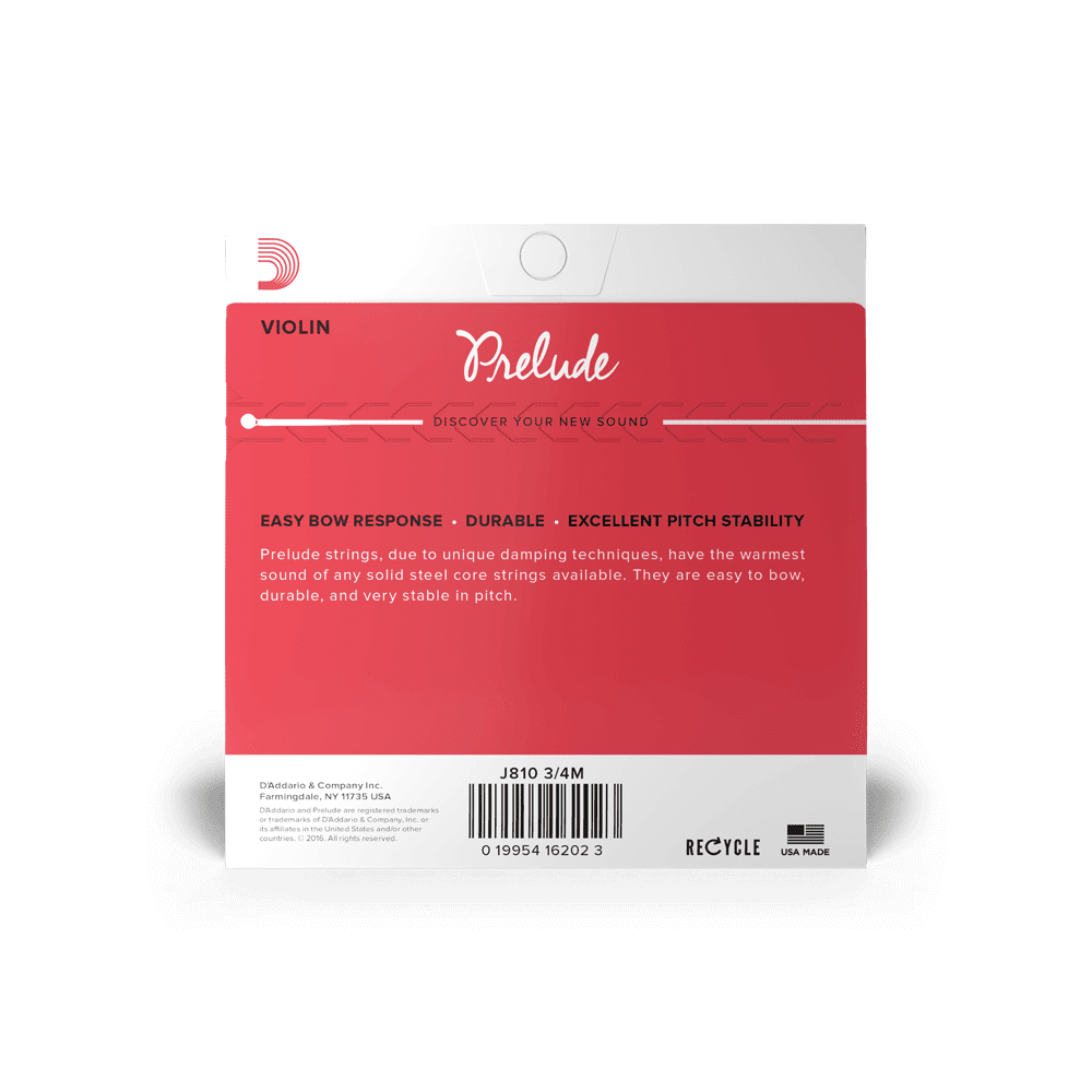 D'Addario J8103/4M PRELUDE VIOLIN String Set, 3/4 Scale, Medium Tension